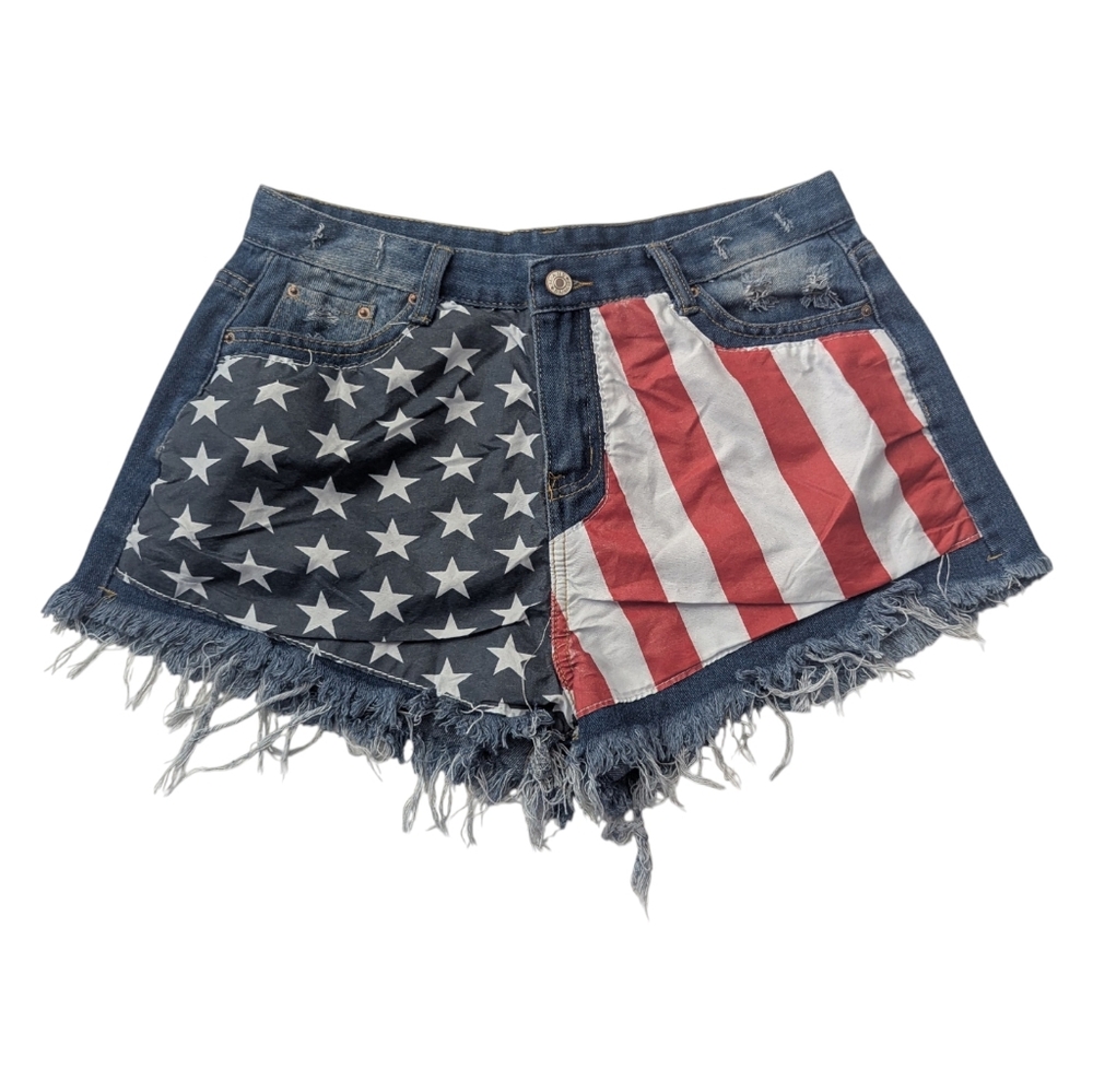 American Flag USA Denim Cut Off Distressed Patriotic Shorts Size XL